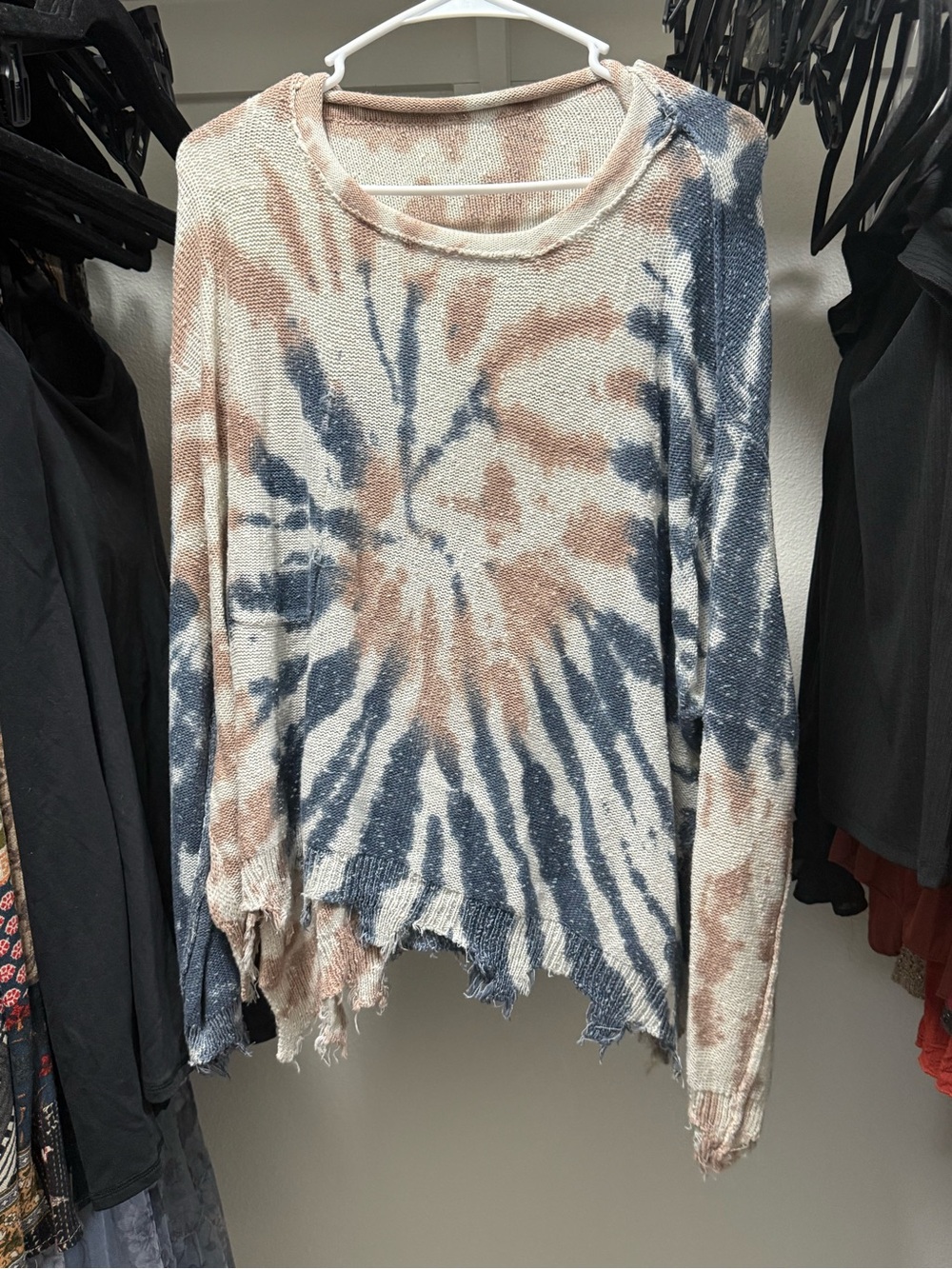 Peach Love California Tie-Dye Distressed Sweatshirt - Blue & Tan